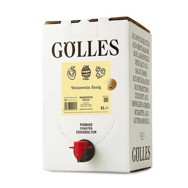 Gölles Weißwein Essig im 5-Liter-Karton mit rotem Zapfhahn.