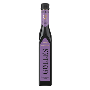 Gölles Zwetschken Essig in hoher eckiger Flasche mit violettem Etikett und schwarzem Verschluss.