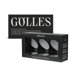 Leere Gölles Geschenkbox für drei Gläser Essiggelee mit Produktinformationen an der Seite.