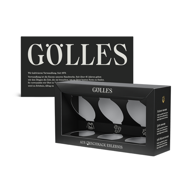 Leere Gölles Geschenkbox für drei Gläser Essiggelee mit Produktinformationen an der Seite.