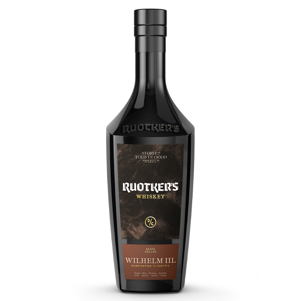 DAVID GÖLLES Ruotkers Wilhelm III Whiskey in schwarzer Flasche mit dunklem Etikett und Herkunftsangaben.