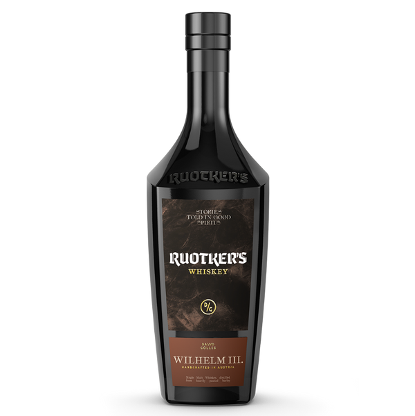 DAVID GÖLLES Ruotkers Wilhelm III Whiskey in schwarzer Flasche mit dunklem Etikett und Herkunftsangaben.