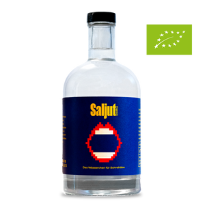 DAVID GÖLLES Bio Wodka SALJUT in Flasche mit blauem Etikett, pixeligem Mund-Symbol und Bio-Logo.