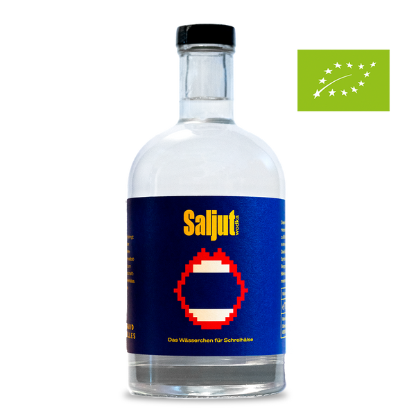 DAVID GÖLLES Bio Wodka SALJUT in Flasche mit blauem Etikett, pixeligem Mund-Symbol und Bio-Logo.
