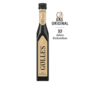 Gölles Apfel Balsamessig in schlanker Flasche mit schwarzem Verschluss und Eichenfass-Etikett.