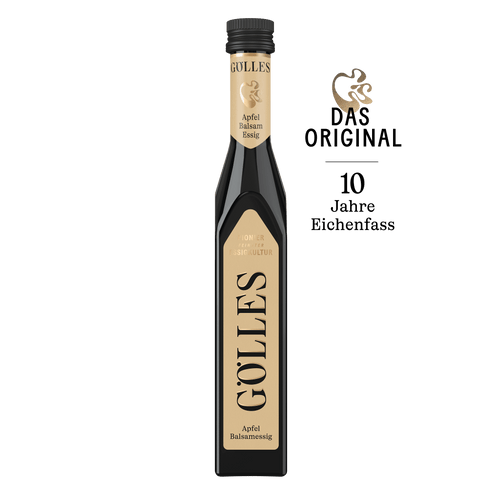 Gölles Apfel Balsamessig in schlanker Flasche mit schwarzem Verschluss und Eichenfass-Etikett.