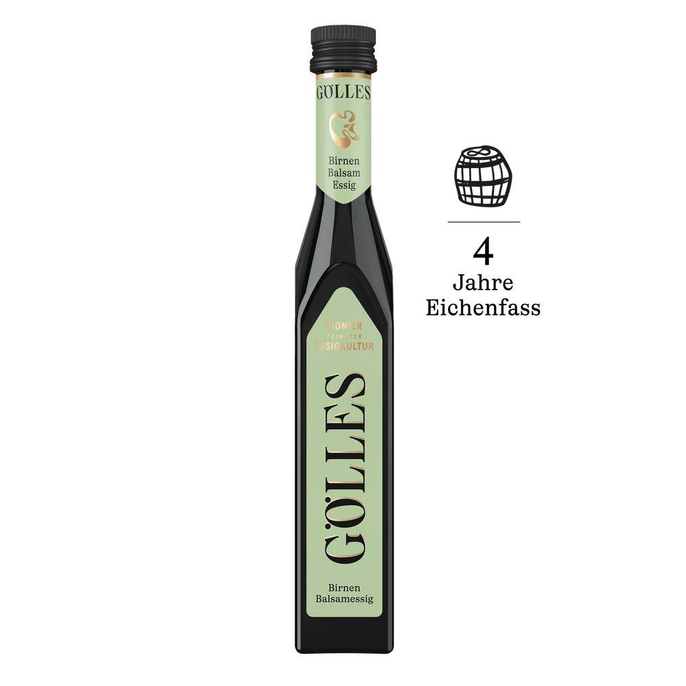 Gölles Birnen Balsamessig in schlanker Flasche mit hellgrünem Etikett und Fass-Symbol.