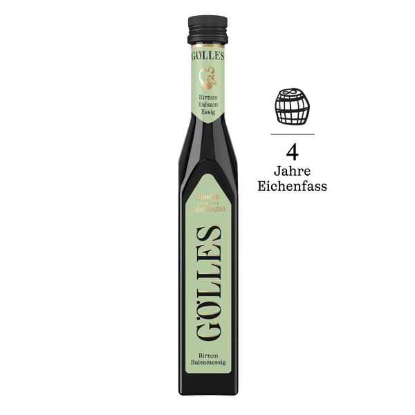 Gölles Birnen Balsamessig in schlanker Flasche mit hellgrünem Etikett und Fass-Symbol.