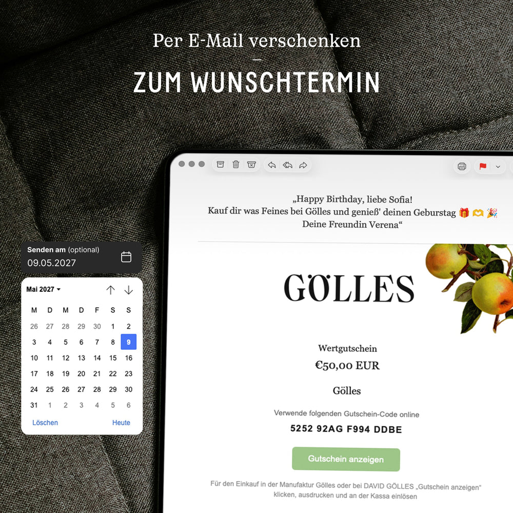 Gölles Wertgutschein über 50 Euro mit Apfelzweig und Kontaktdaten.