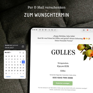 Laptop mit E-Mail mit Gölles Wertgutschein und Kalender zur Wahl des Zustelltermins.