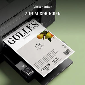 Drucker druckt einen Gölles Wertgutschein über 50 Euro mit zwei Birnen aus.