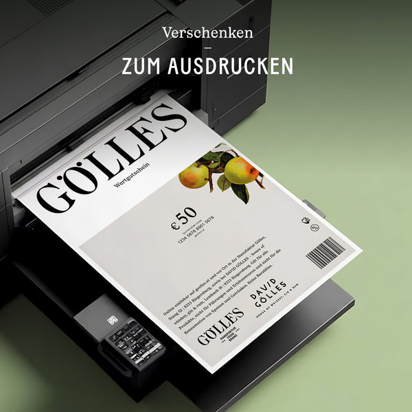 Drucker druckt einen Gölles Wertgutschein über 50 Euro mit zwei Birnen aus.