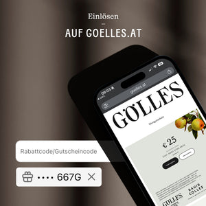 Smartphone mit Gölles Wertgutschein über 25 Euro mit Code und Birnenmotiv.