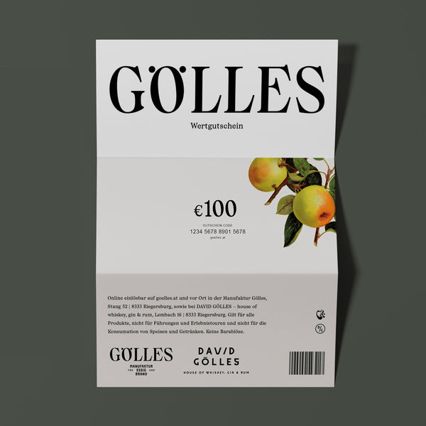 Gölles Wertgutschein mit Äpfeln am Zweig und Firmeninformationen.