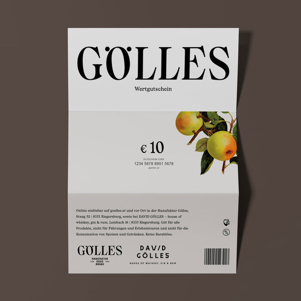 Gölles Wertgutschein über 10 Euro mit zwei Äpfeln am Zweig und Code.