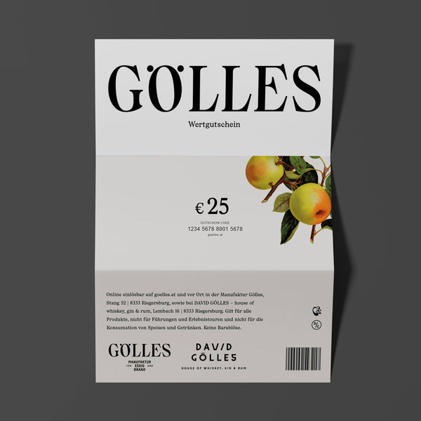 Gölles Wertgutschein über 25 Euro mit Apfelzweig und Gutscheincode.