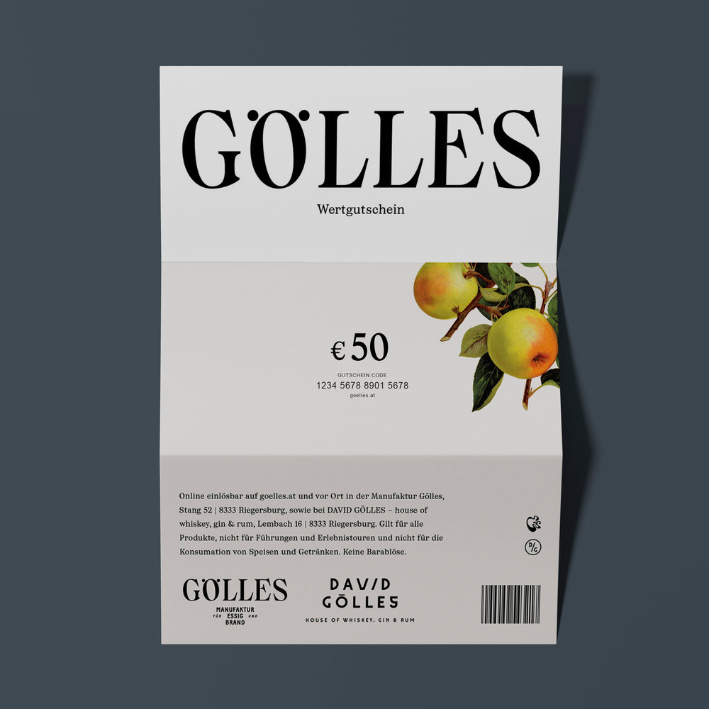 Gölles Wertgutschein über 50 Euro mit Apfelzweig und Kontaktdaten.